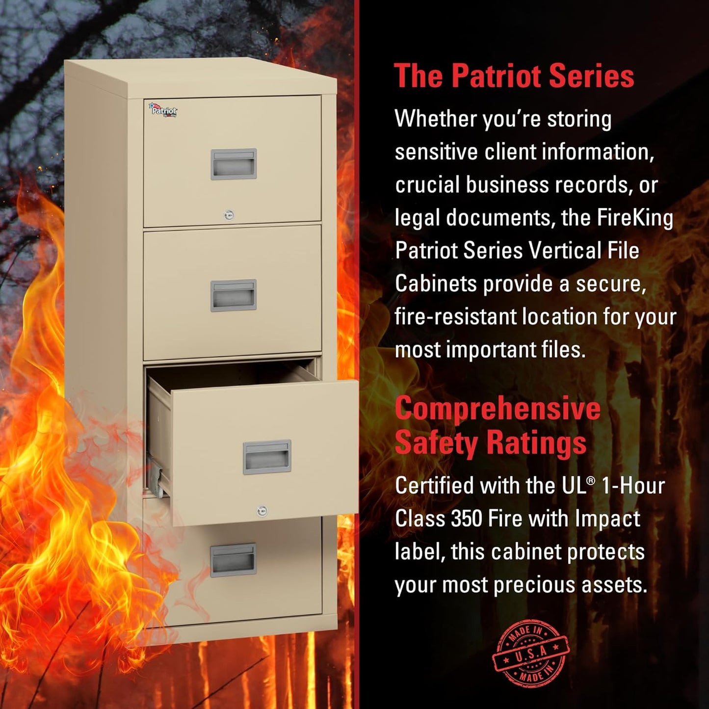 FireKing Patriot Vertical 4 Drawer Legal & Letter Fire Safe File Cabinet, Key Lock, 1 Hour Fire Rated UL Rated & Water Resistant, USA Made, Black