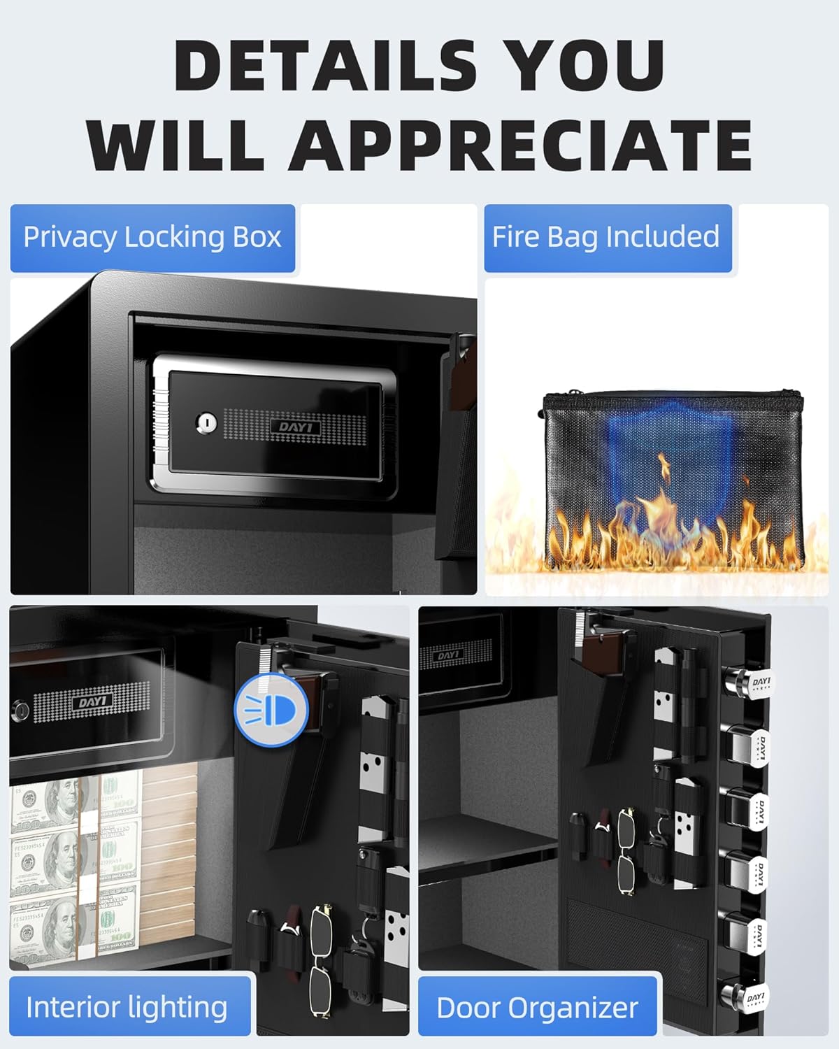 DAYI Biometric Fingerprint Safe Box, 3.0 Cubic Feet Home Safes with Fireproof Bag, Digital Touchpad Security Safe for Money Cash Documents, Dual Alarm System - DF-60 Pro