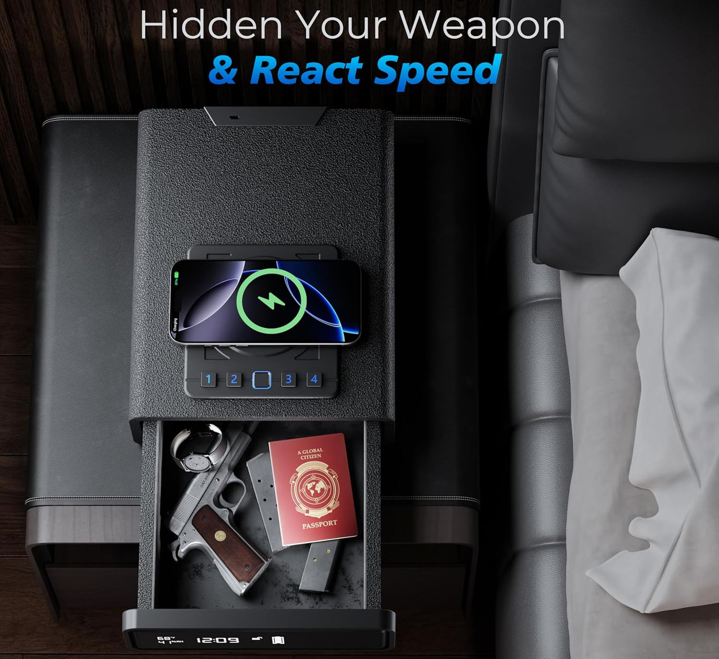 Smart Biometric Safe with Wireless Charging for Phone & Watch, 3 Access Methods to Unlock, Nightstand Drawer Safe LED Display with Humidity & Temperature Monitoring, Stopbox for Cash and Valuables