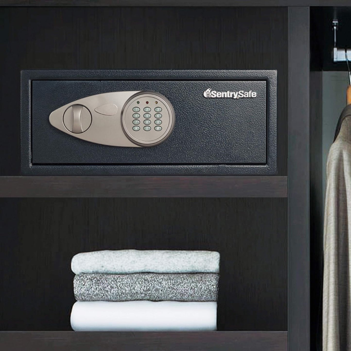 SentrySafe Safe with Digital Keypad Lock, DOJ-Certified Steel Safe with Interior Lining and Bolt Down Kit for Money, Jewelry, Electronics, 0.58 Cubic Feet, 8.7 x 13.8 x 9.7 Inches, X055