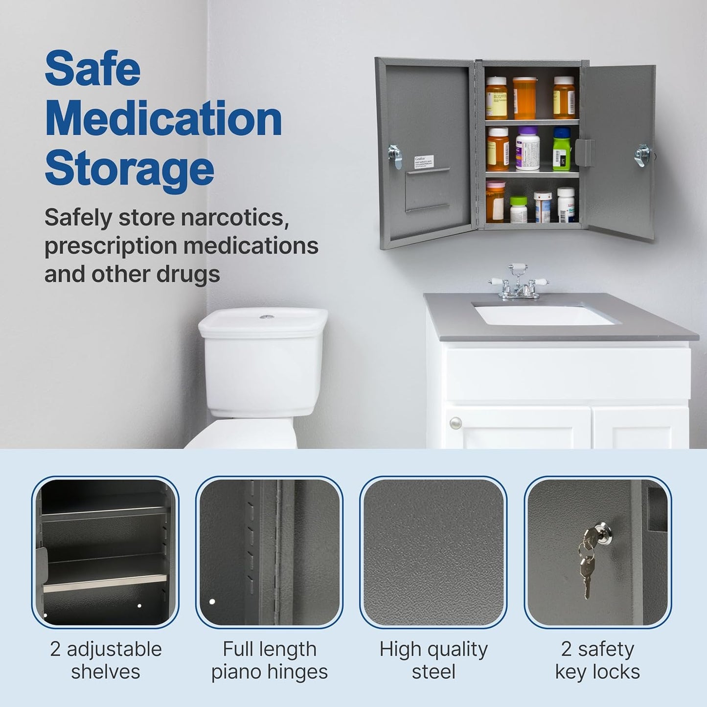 Grafco Locking Medicine Cabinet - Safe Narcotic, Drug & Medical Storage - Steel Double Doors & Locks