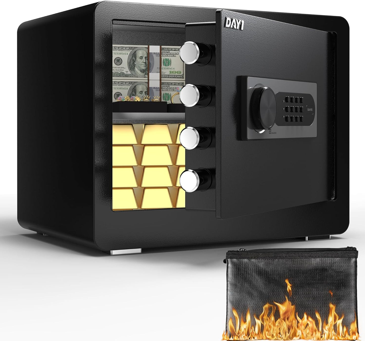 DAYI Safe Box, 2.0 Cubic Feet Home Safe with Fireproof Waterproof Bag, Security Safe Box for Money Cash Valuables, Digital Electronic Keypad, Dual Alarm System, Removable Shelf - D-45