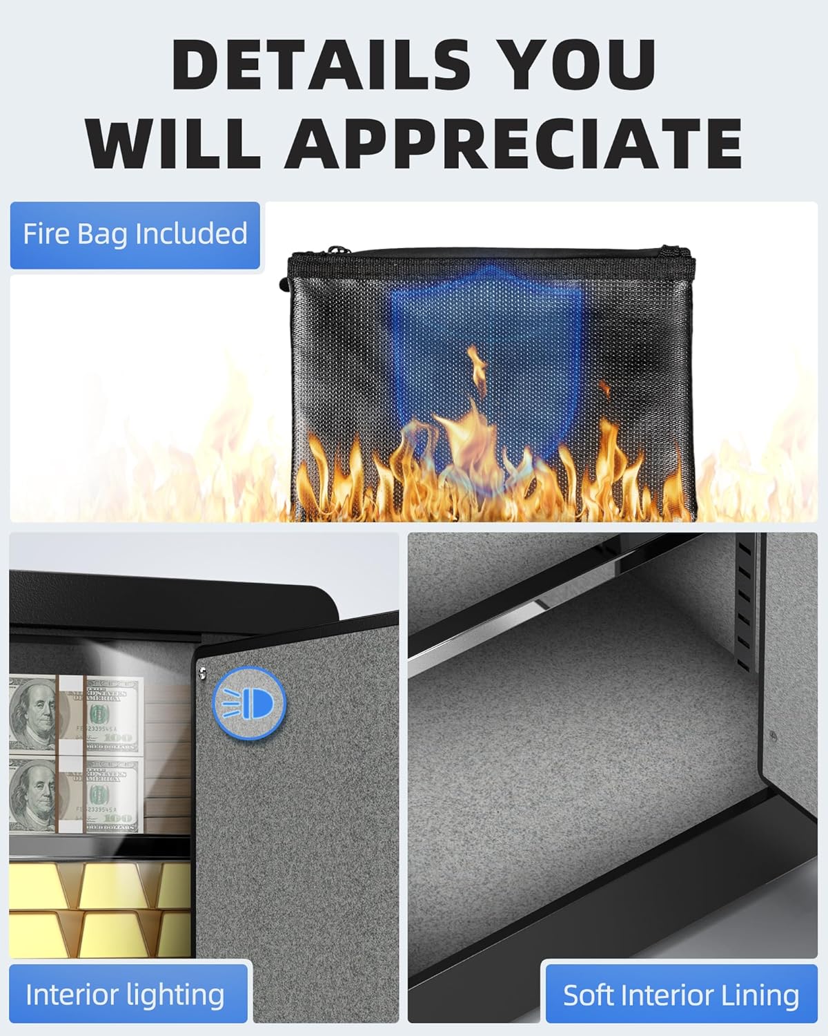 DAYI Biometric Fingerprint Safe Box, 3.0 Cubic Feet Home Safes with Fireproof Bag, Digital Touchpad Security Safe for Money Cash Documents, Dual Alarm System - DF-60 Pro