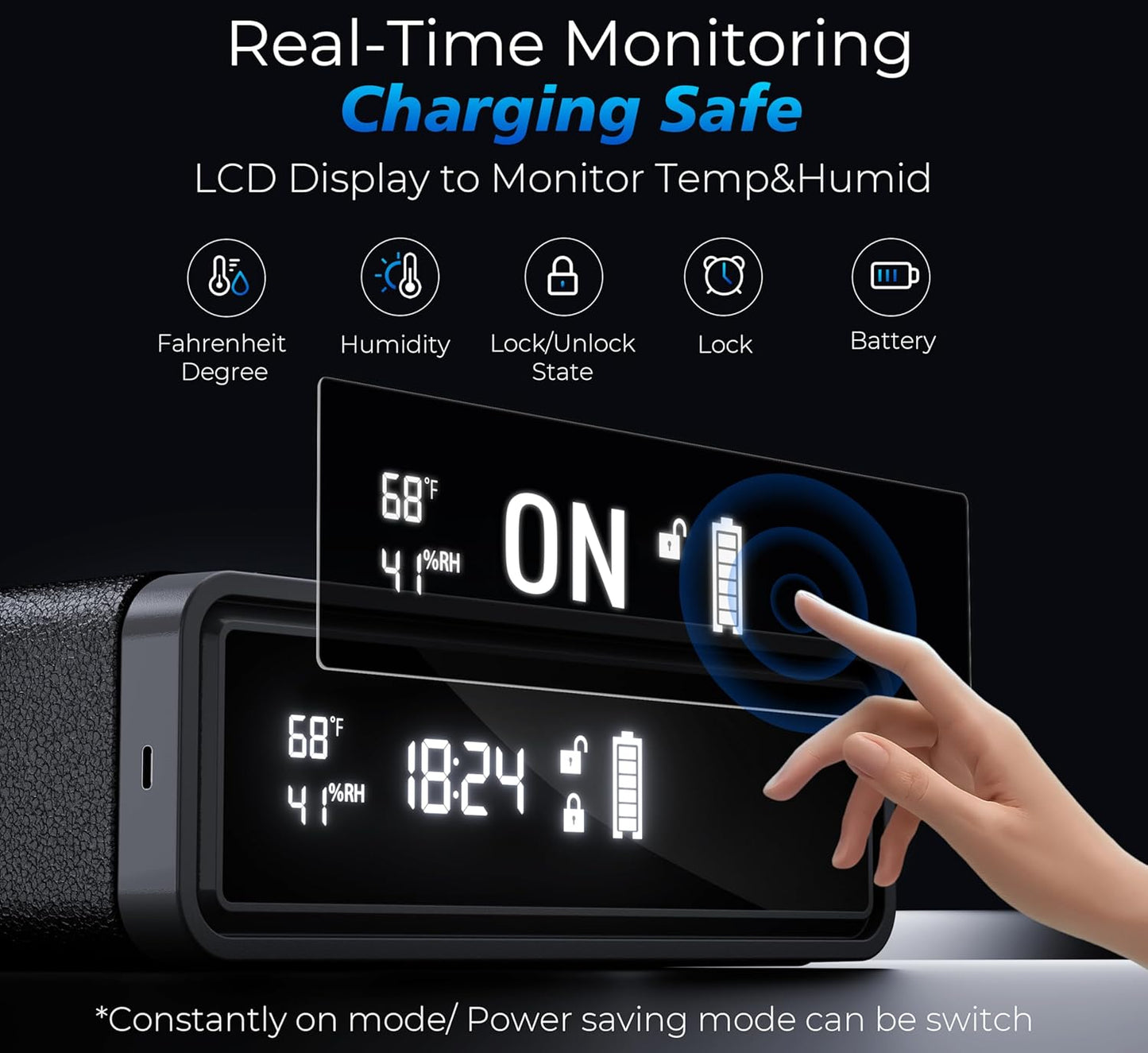 Smart Biometric Safe with Wireless Charging for Phone & Watch, 3 Access Methods to Unlock, Nightstand Drawer Safe LED Display with Humidity & Temperature Monitoring, Stopbox for Cash and Valuables