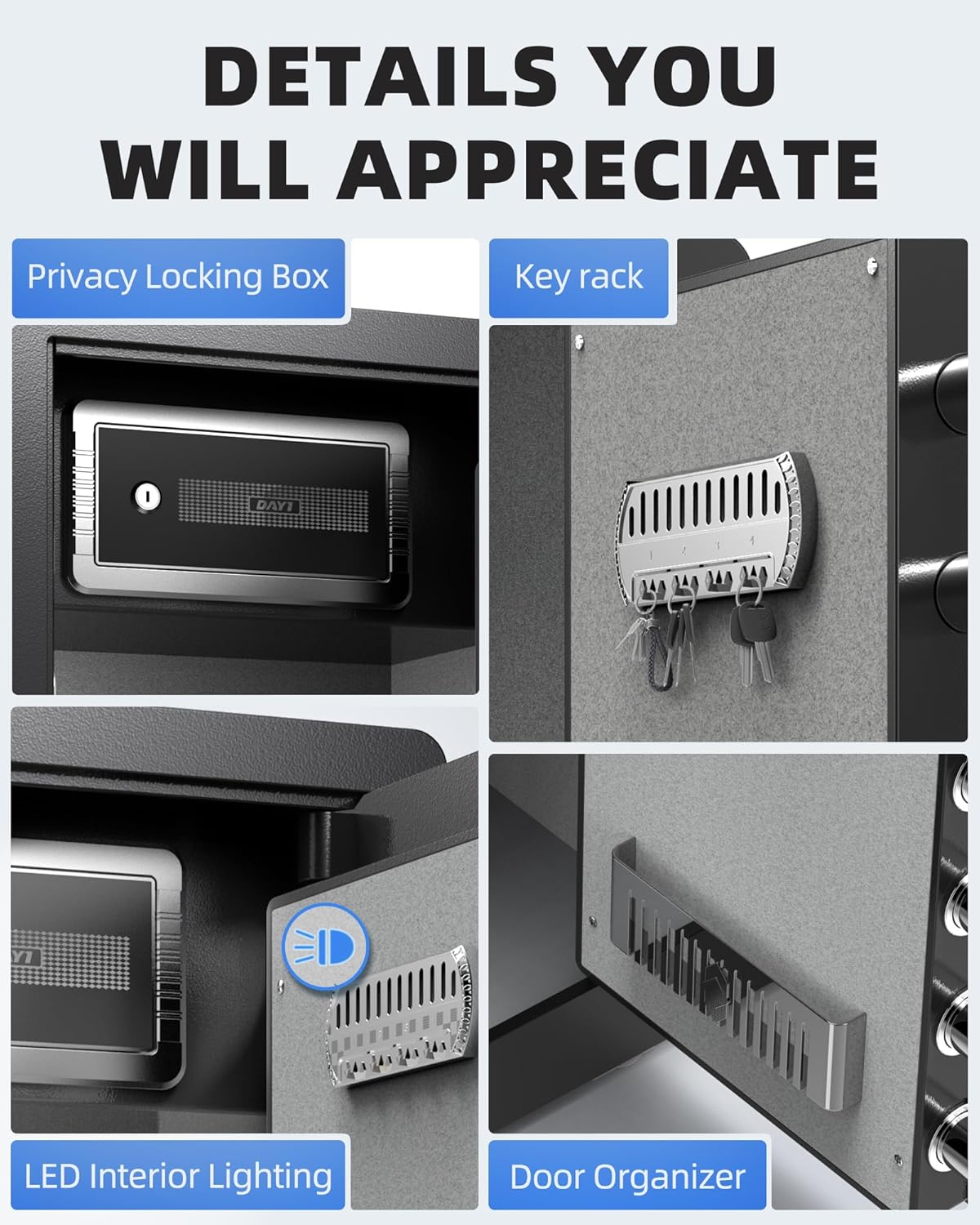 DAYI Safe Box, 2.0 Cubic Feet Home Safe with Fireproof Waterproof Bag, Security Safe Box for Money Cash Valuables, Digital Electronic Keypad, Dual Alarm System, Removable Shelf - D-45