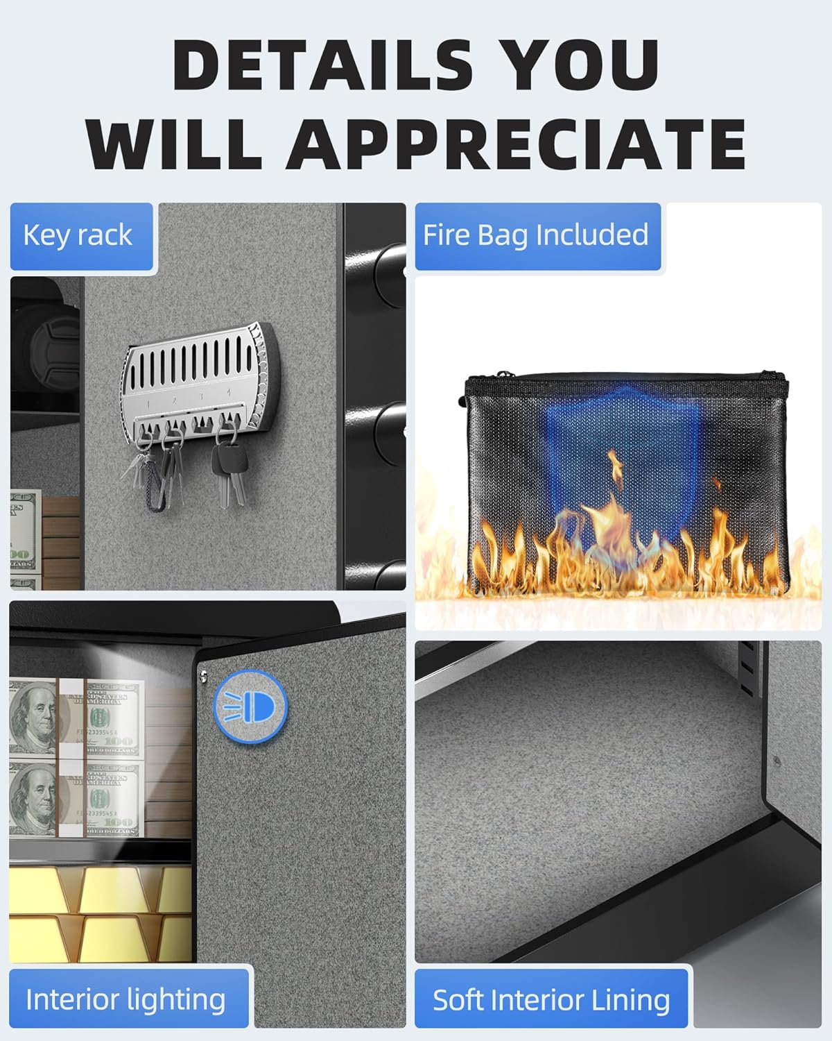 DAYI Biometric Fingerprint Safe Box, 3.0 Cubic Feet Home Safes with Fireproof Bag, Digital Touchpad Security Safe for Money Cash Documents, Dual Alarm System - DF-60 Pro