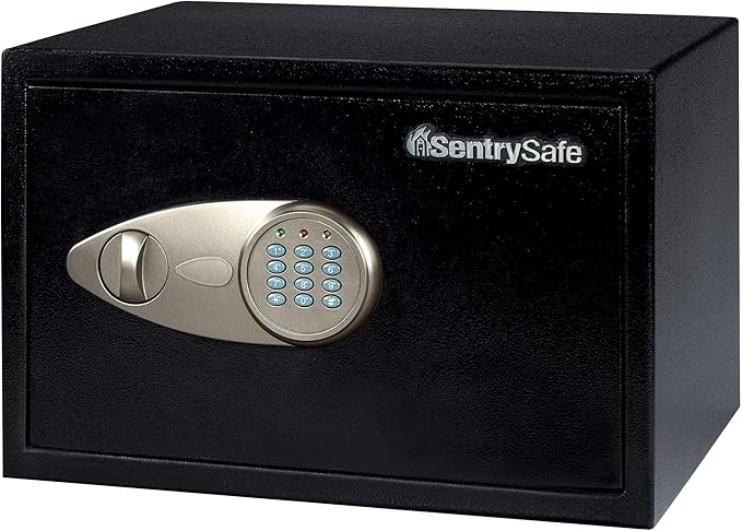 SentrySafe Safe with Digital Keypad Lock, DOJ-Certified Steel Safe with Interior Lining and Bolt Down Kit for Money, Jewelry, Electronics, 0.58 Cubic Feet, 8.7 x 13.8 x 9.7 Inches, X055