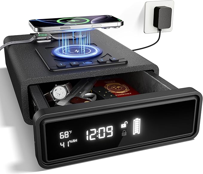 Smart Biometric Safe with Wireless Charging for Phone & Watch, 3 Access Methods to Unlock, Nightstand Drawer Safe LED Display with Humidity & Temperature Monitoring, Stopbox for Cash and Valuables