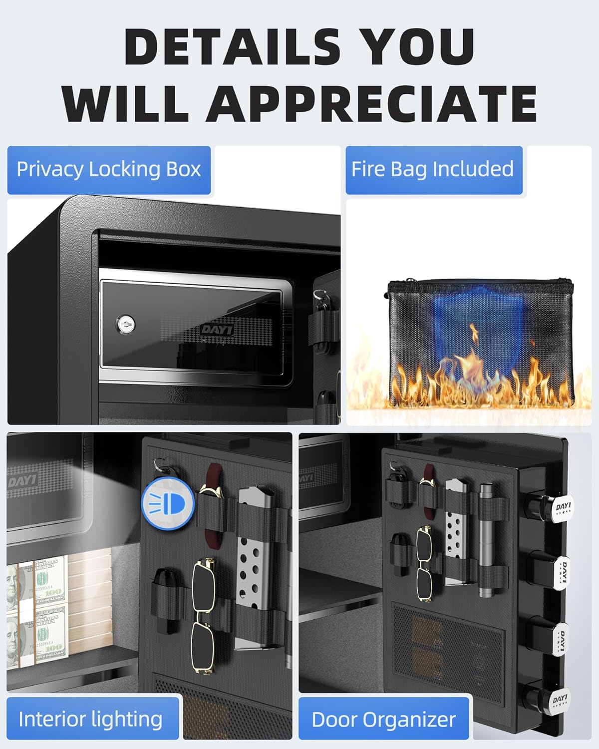 DAYI Biometric Fingerprint Safe Box, 3.0 Cubic Feet Home Safes with Fireproof Bag, Digital Touchpad Security Safe for Money Cash Documents, Dual Alarm System - DF-60 Pro