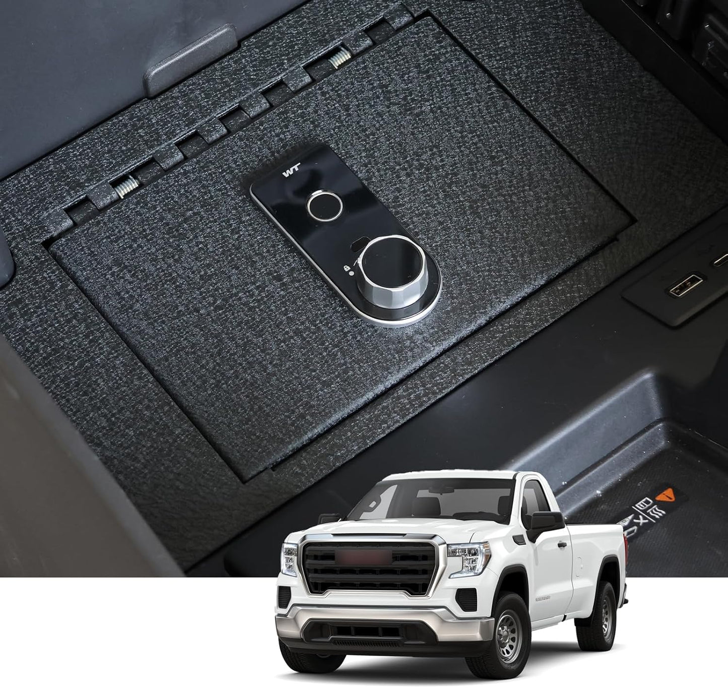 Center Console Safe Gun Safe, WASAI Premium In-vehicle Console Gun Vault Lock box Compatible with 2023-2025 Chevy Silverado 1500/GMC Sierra 1500, Electronic Keypad Lock.