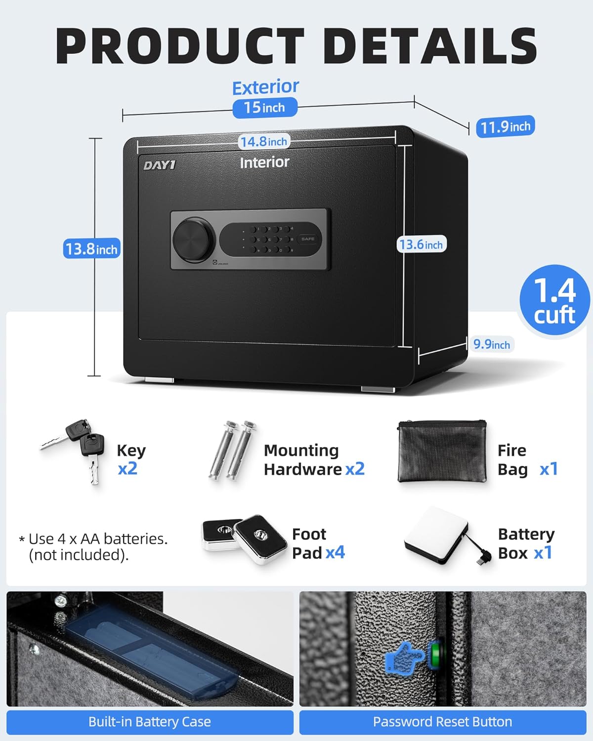 DAYI Safe Box, 2.0 Cubic Feet Home Safe with Fireproof Waterproof Bag, Security Safe Box for Money Cash Valuables, Digital Electronic Keypad, Dual Alarm System, Removable Shelf - D-45