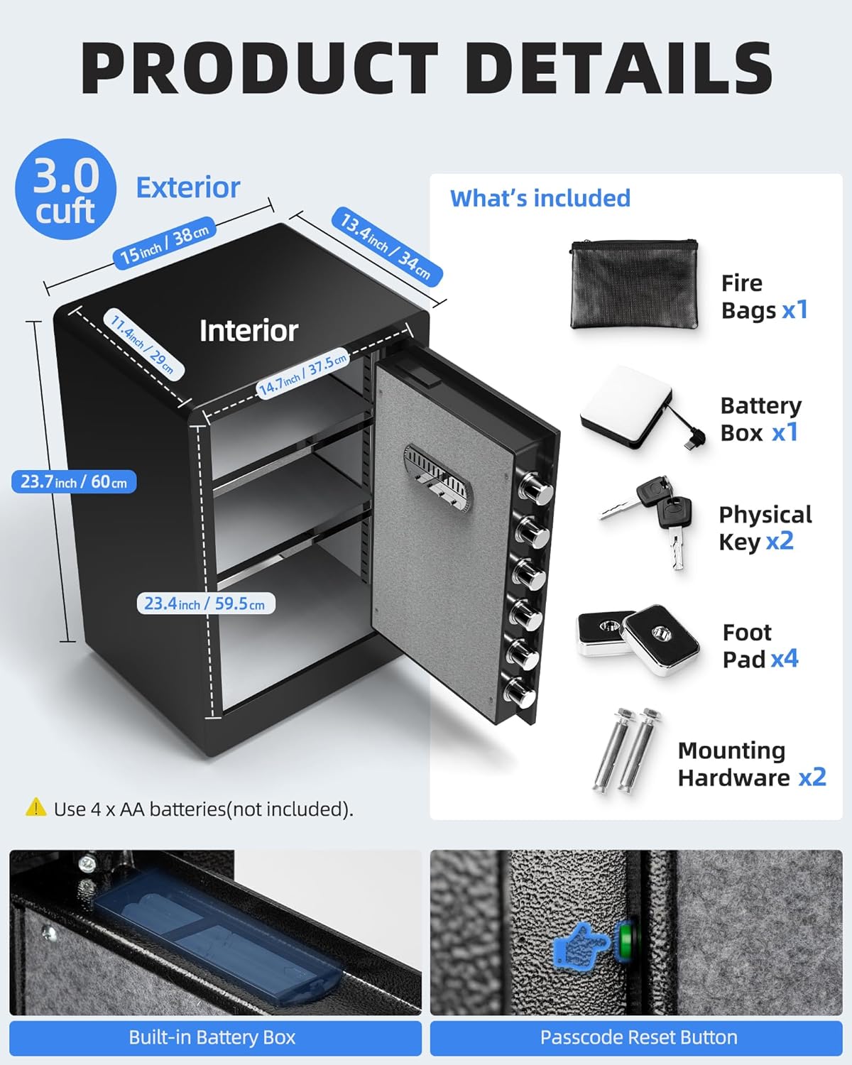 DAYI Safe Box, 2.0 Cubic Feet Home Safe with Fireproof Waterproof Bag, Security Safe Box for Money Cash Valuables, Digital Electronic Keypad, Dual Alarm System, Removable Shelf - D-45